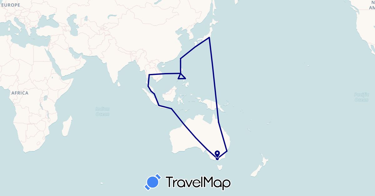 TravelMap itinerary: driving in Australia, Indonesia, Japan, Malaysia, Philippines, Singapore, Thailand, Taiwan (Asia, Oceania)